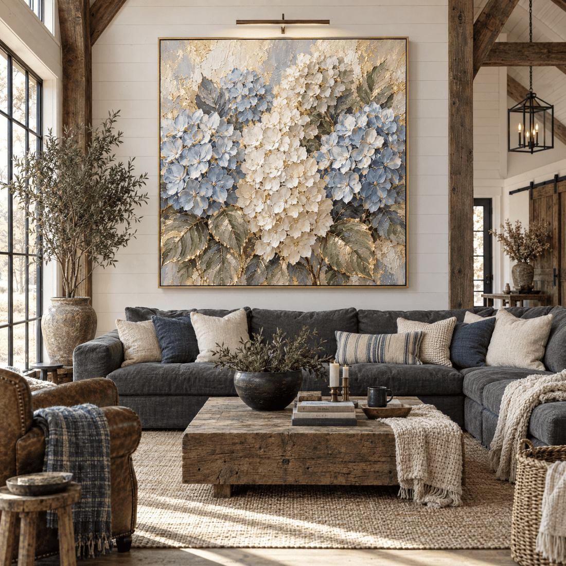 Hydrangea Wall Art – Oversized Blue and Cream Textured Look Canvas with Gold Leaf for Living Room - Sense for Decor