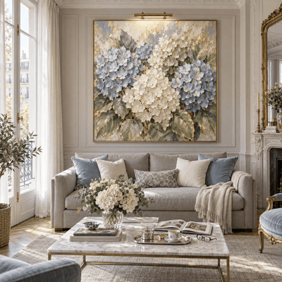 Hydrangea Wall Art – Oversized Blue and Cream Textured Look Canvas with Gold Leaf for Living Room - Sense for Decor