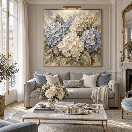 Hydrangea Wall Art – Oversized Blue and Cream Textured Look Canvas with Gold Leaf for Living Room