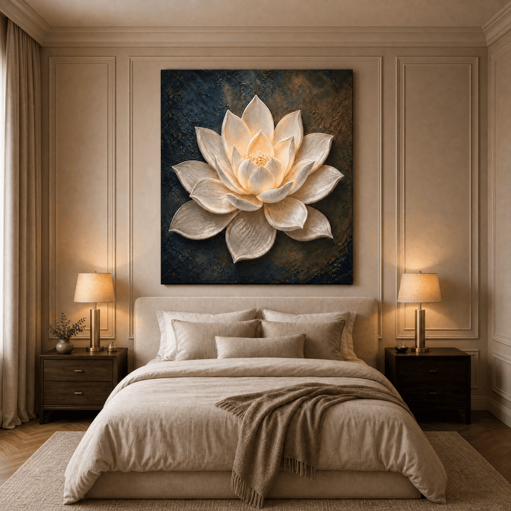 Illuminated Lotus Wall Art – Textured Cream & Gold Flower Canvas on Deep Navy - Sense for Decor
