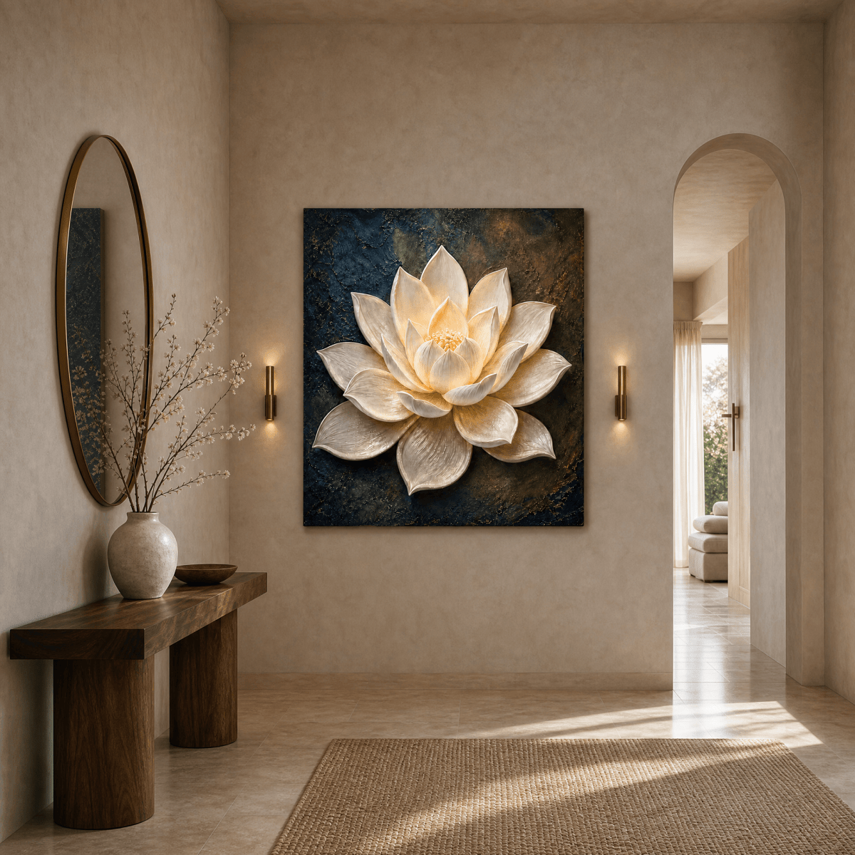 Illuminated Lotus Wall Art – Textured Cream & Gold Flower Canvas on Deep Navy - Sense for Decor
