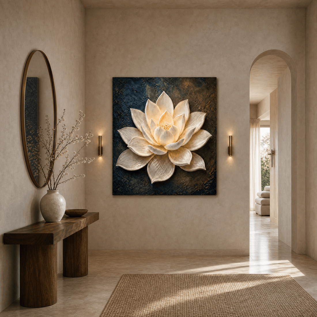 Illuminated Lotus Wall Art – Textured Cream & Gold Flower Canvas on Deep Navy - Sense for Decor