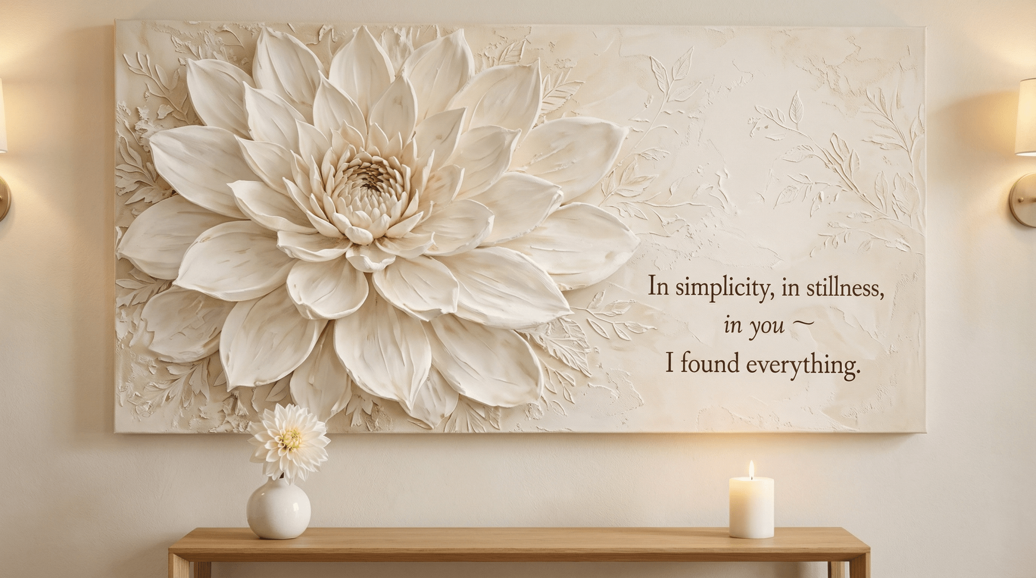 In Simplicity and Stillness Wall Art - 3D Cream Dahlia Canvas Print with Champagne Gold Accents - Sense for Decor