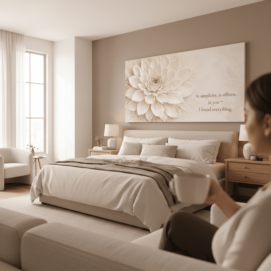 In Simplicity and Stillness Wall Art - Cream Dahlia Canvas Print with Champagne Gold Accents - Sense for Decor