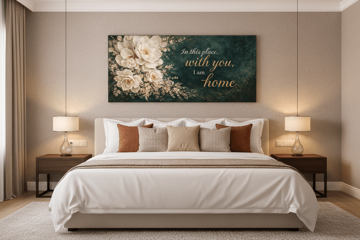 In This Place With You I Am Home Wall Art - Deep Emerald Green Floral Canvas Print with Gold Glitter - Sense for Decor