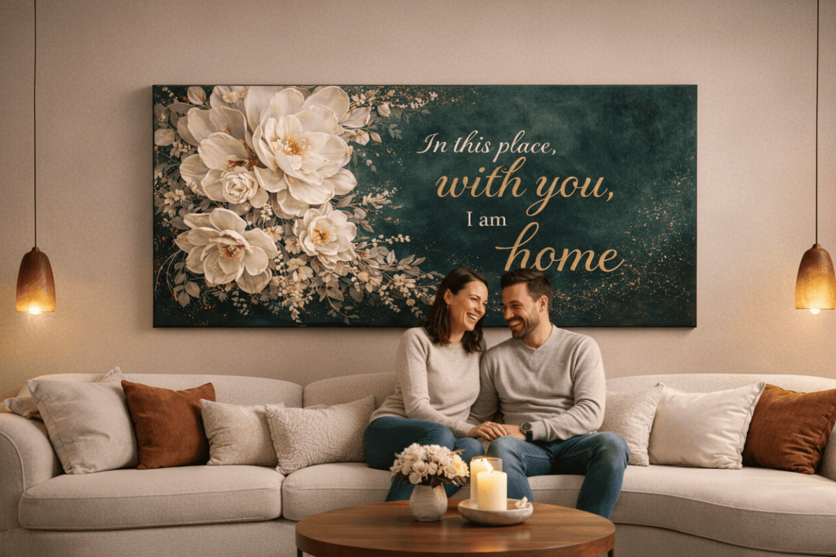 In This Place With You I Am Home Wall Art - Deep Emerald Green Floral Canvas Print with Gold Glitter - Sense for Decor