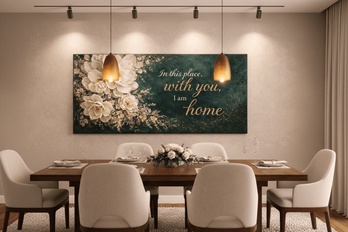 In This Place With You I Am Home Wall Art - Deep Emerald Green Floral Canvas Print with Gold Glitter - Sense for Decor