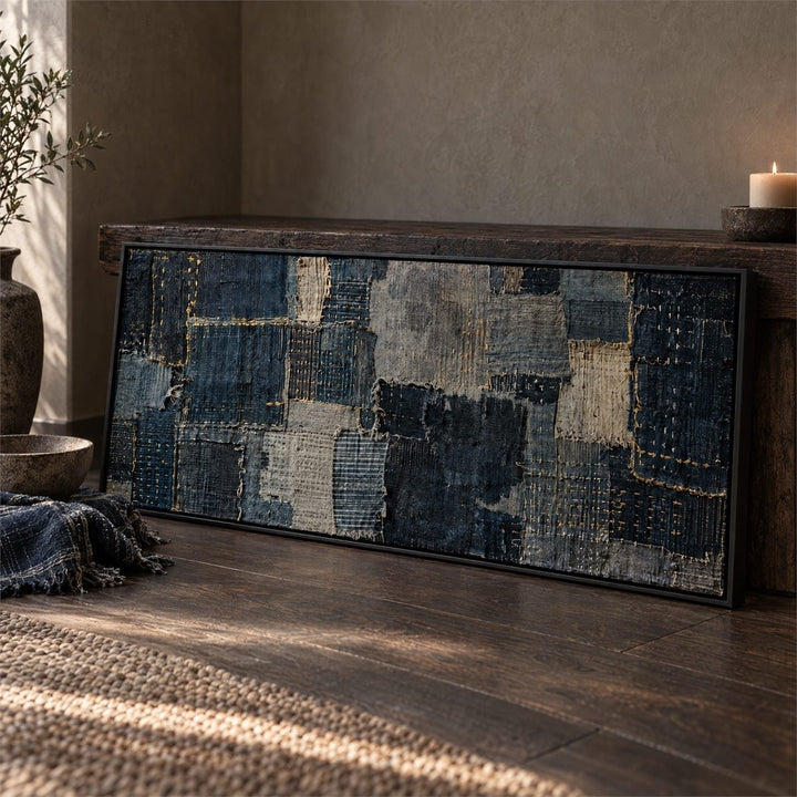 Indigo Wall Art – Oversized Panoramic Boro Patchwork Textured Look Canvas for Living Room - Sense for Decor