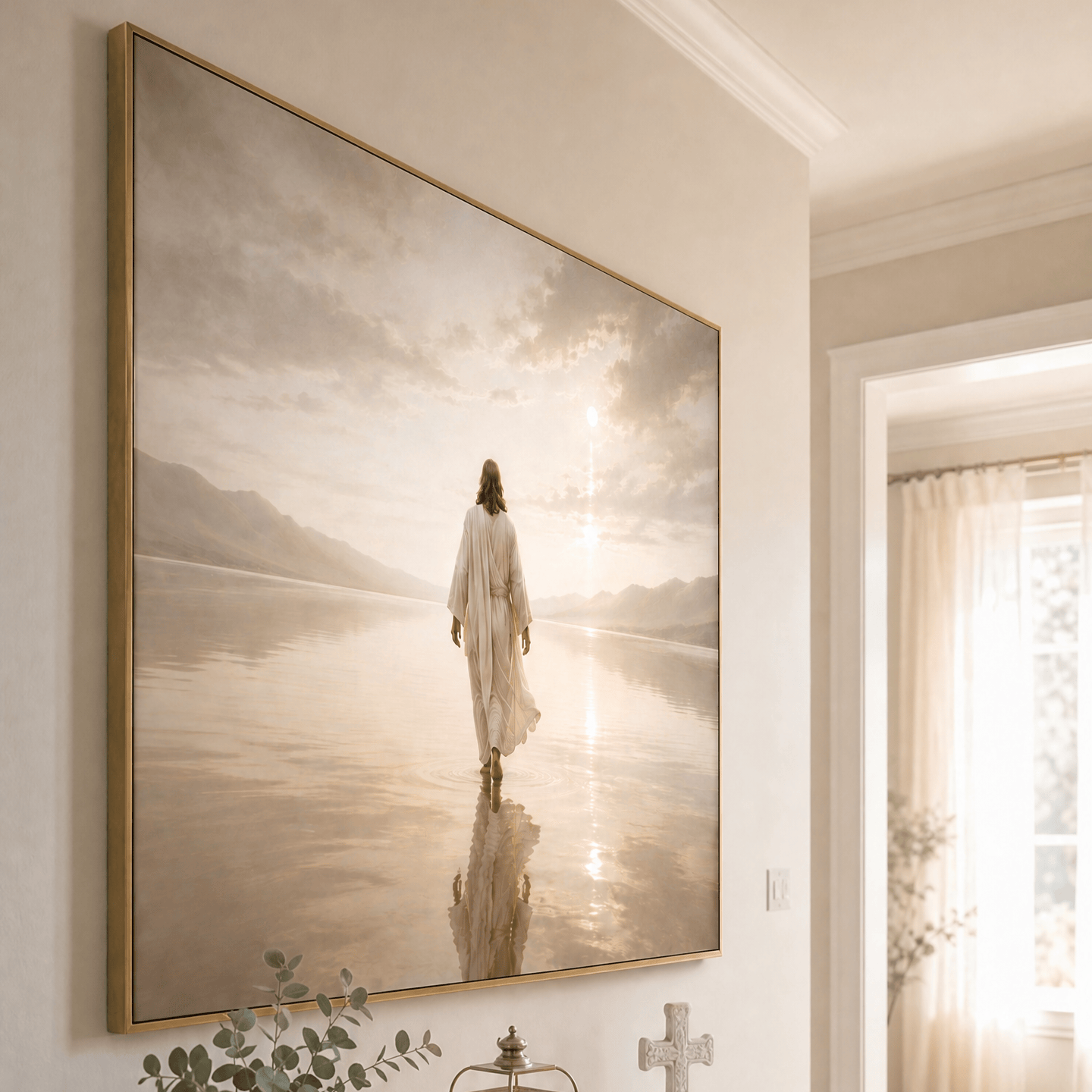“He Walks With Me” Christian Wall Art – Jesus Walking on Water Canvas