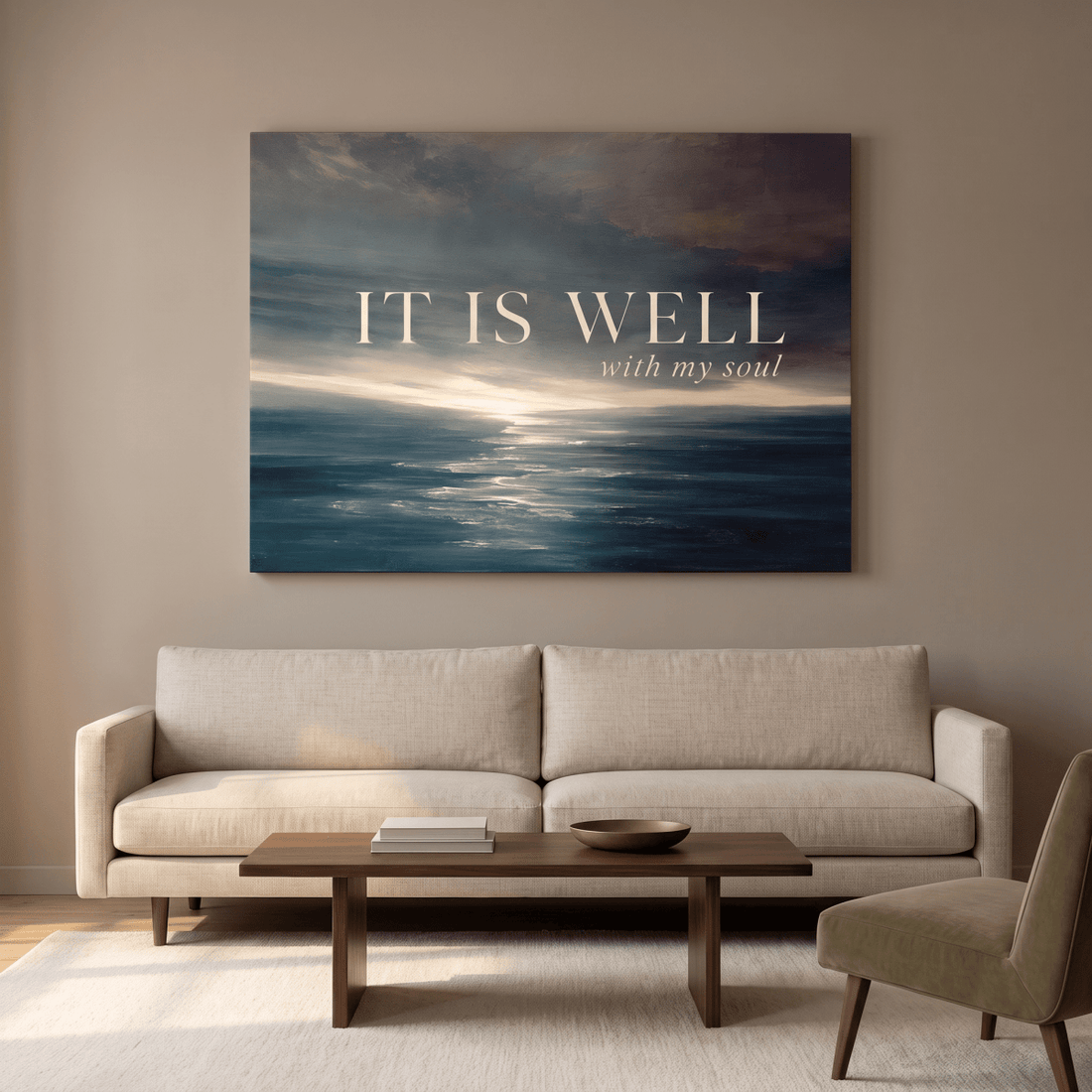 It Is Well With My Soul Wall Art – Christian Hymn Canvas, Moody Ocean Sunset Seascape in Deep Teal - Sense for Decor