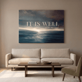 It Is Well With My Soul Wall Art – Christian Hymn Canvas, Moody Ocean Sunset Seascape in Deep Teal