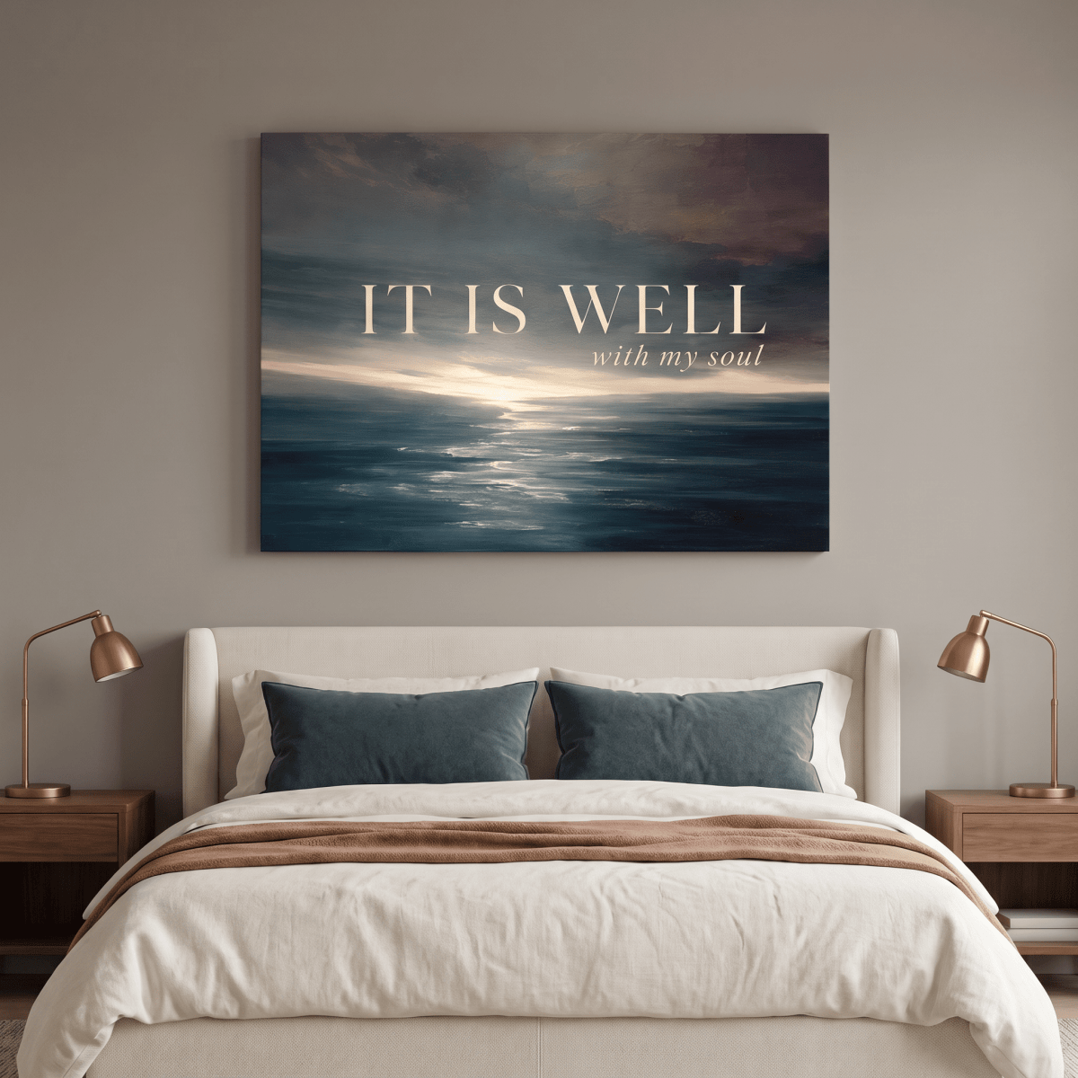 It Is Well With My Soul Wall Art – Christian Hymn Canvas, Moody Ocean Sunset Seascape in Deep Teal - Sense for Decor