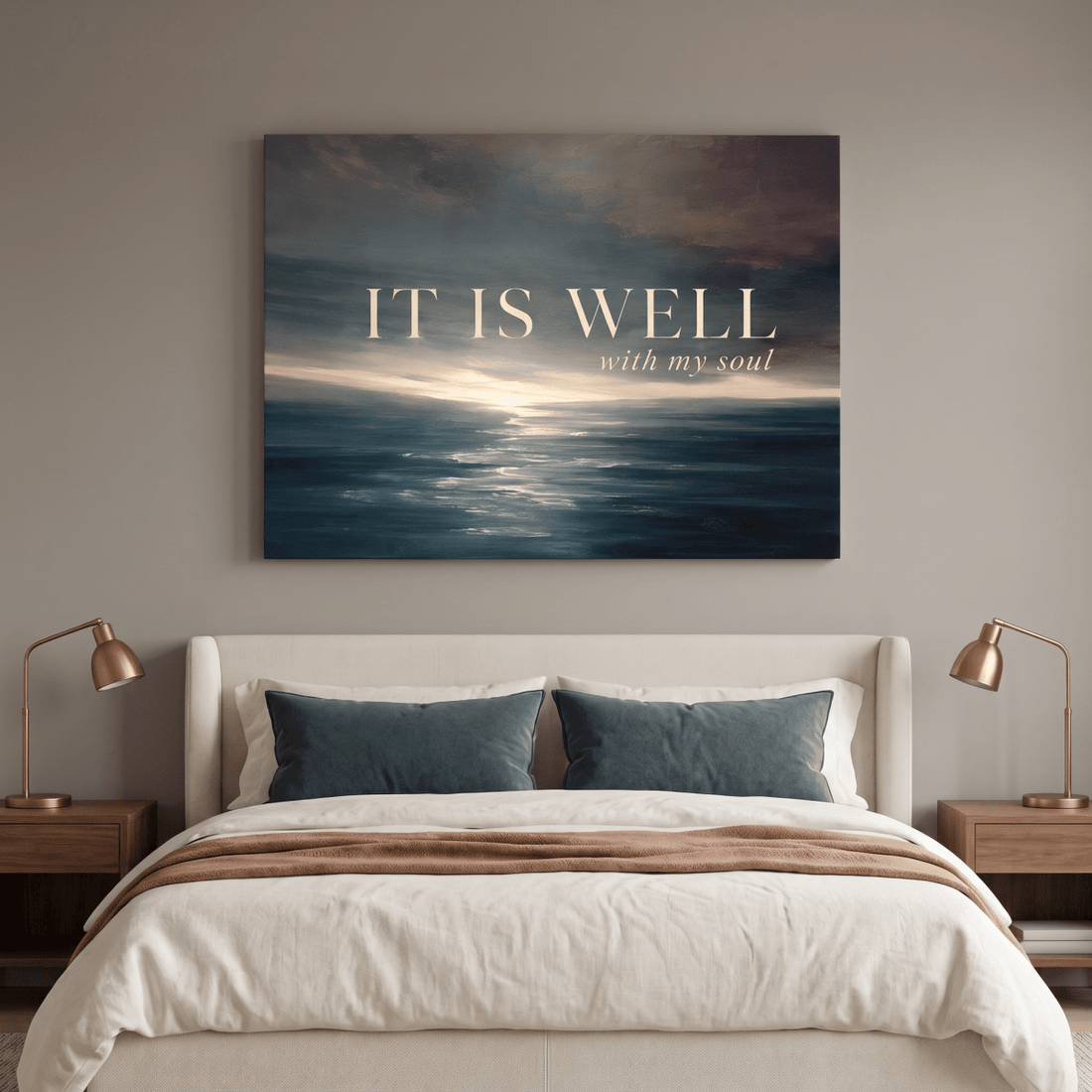 It Is Well With My Soul Wall Art – Christian Hymn Canvas, Moody Ocean Sunset Seascape in Deep Teal - Sense for Decor