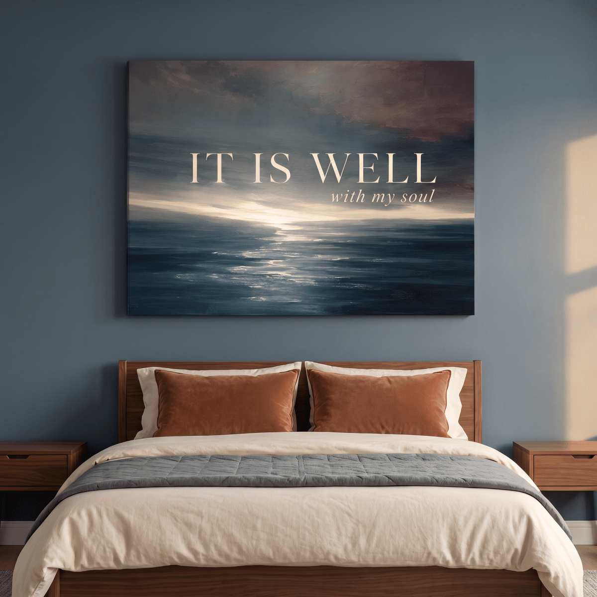 It Is Well With My Soul Wall Art – Christian Hymn Canvas, Moody Ocean Sunset Seascape in Deep Teal - Sense for Decor