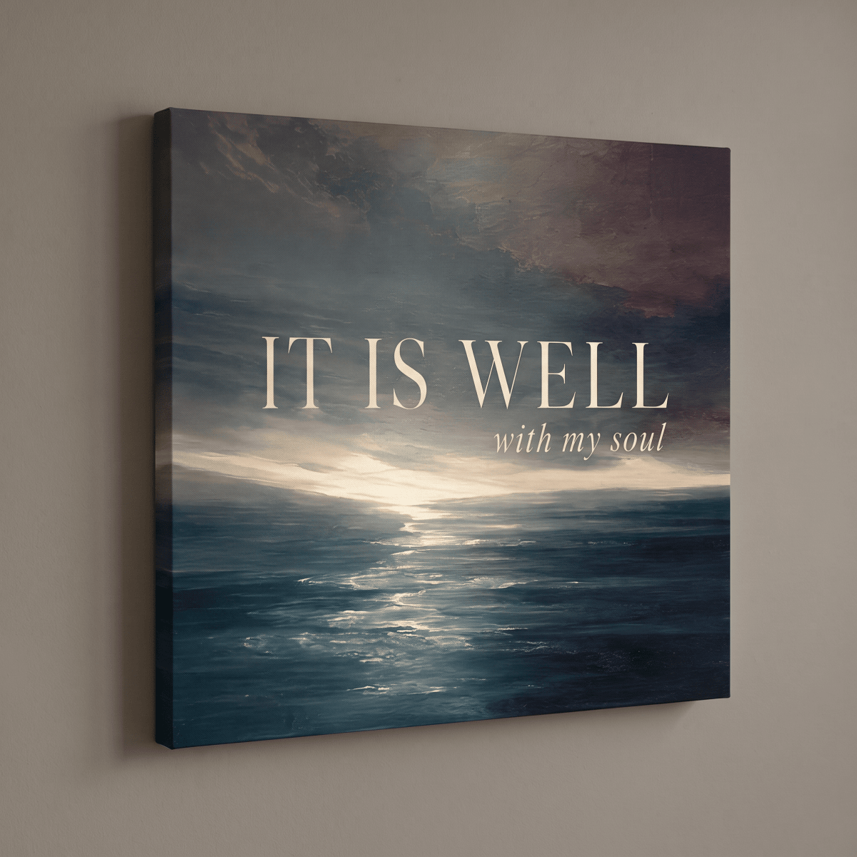 It Is Well With My Soul Wall Art – Christian Hymn Canvas, Moody Ocean Sunset Seascape in Deep Teal - Sense for Decor
