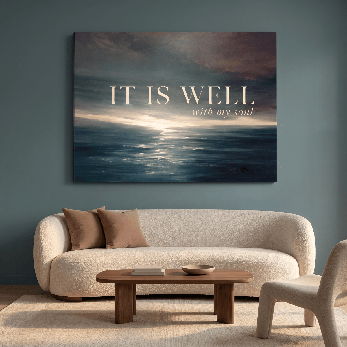 It Is Well With My Soul Wall Art – Christian Hymn Canvas, Moody Ocean Sunset Seascape in Deep Teal - Sense for Decor