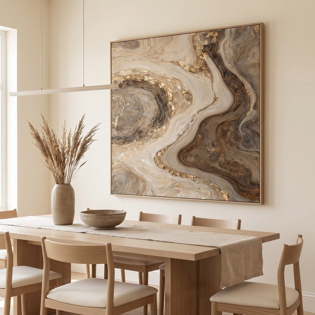Ivory and Bronze Wall Art – Oversized Abstract River Textured Look Canvas for Living Room - Sense for Decor