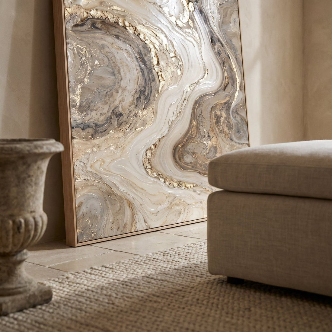 Ivory and Bronze Wall Art – Oversized Abstract River Textured Look Canvas for Living Room - Sense for Decor