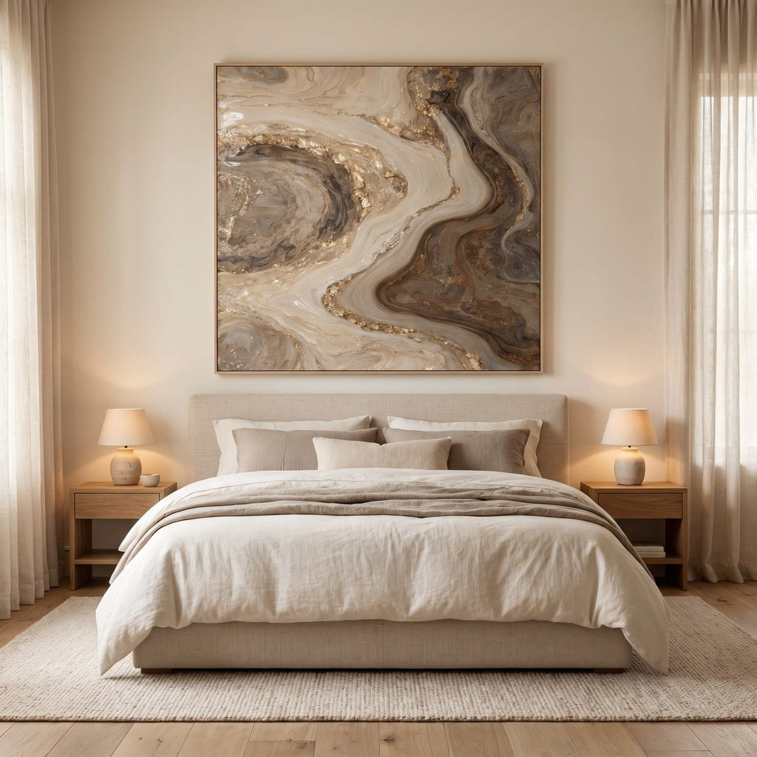 Ivory and Bronze Wall Art – Oversized Abstract River Textured Look Canvas for Living Room - Sense for Decor