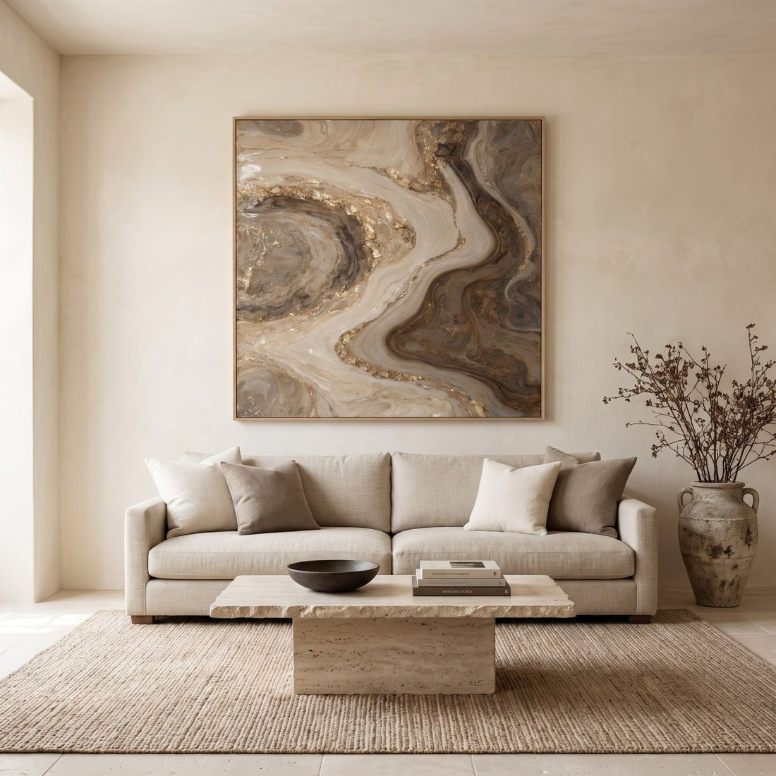 Ivory and Bronze Wall Art – Oversized Abstract River Textured Look Canvas for Living Room - Sense for Decor