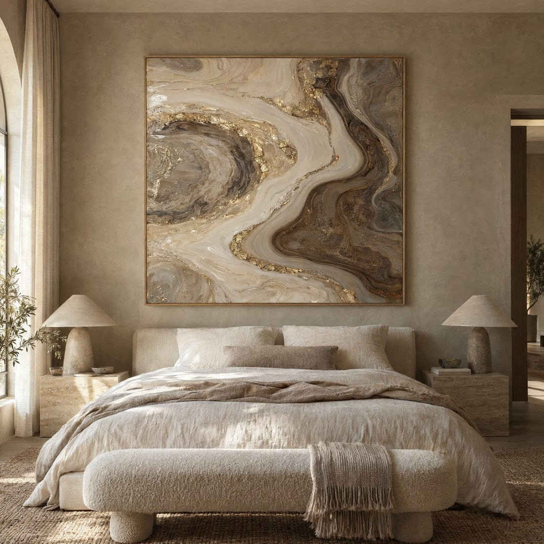 Ivory and Bronze Wall Art – Oversized Abstract River Textured Look Canvas for Living Room - Sense for Decor