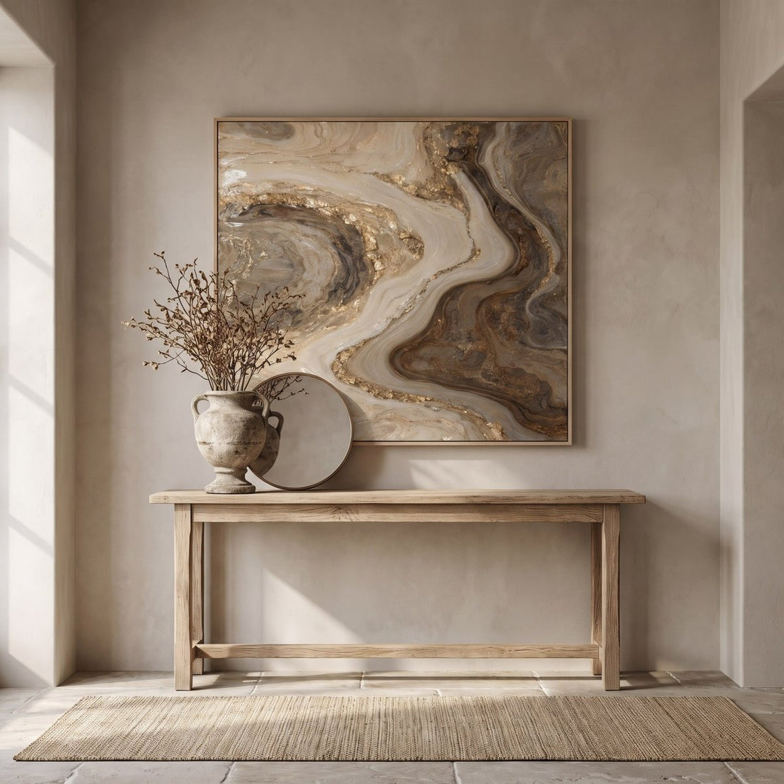Ivory and Bronze Wall Art – Oversized Abstract River Textured Look Canvas for Living Room - Sense for Decor