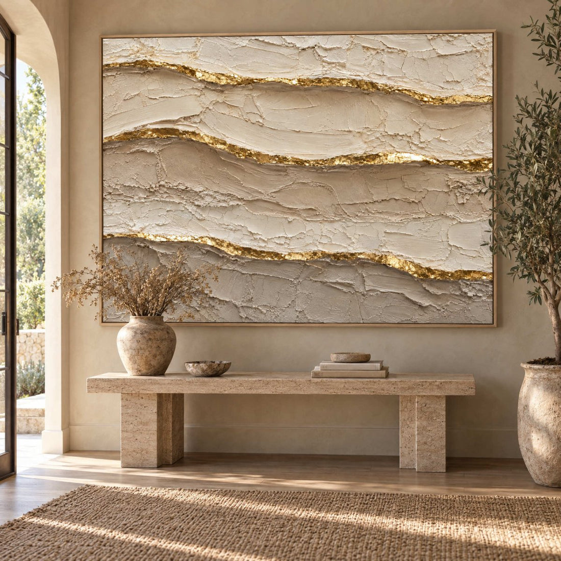Ivory and Gold Wall Art – Oversized Layered Strata Textured Look Canvas for Bedroom and Living Room - Sense for Decor