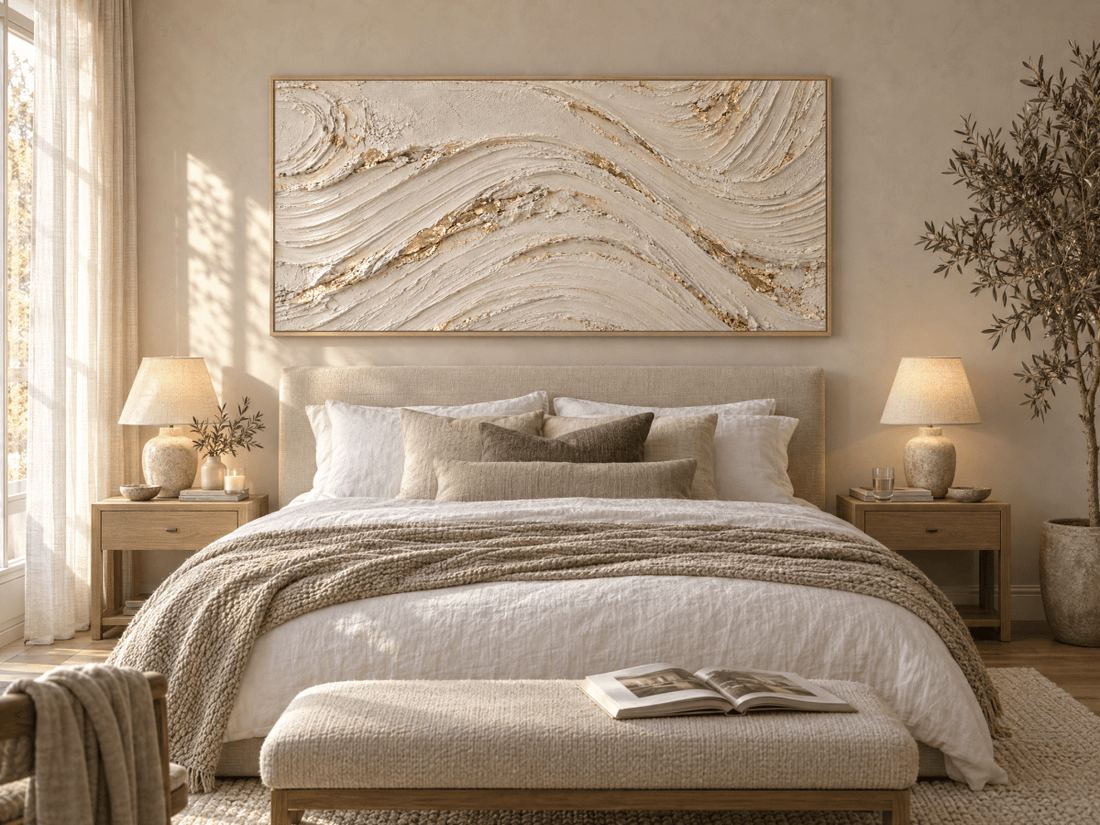 Ivory and Gold Wall Art – Oversized Textured Wave Canvas for Living Room and Bedroom - Sense for Decor