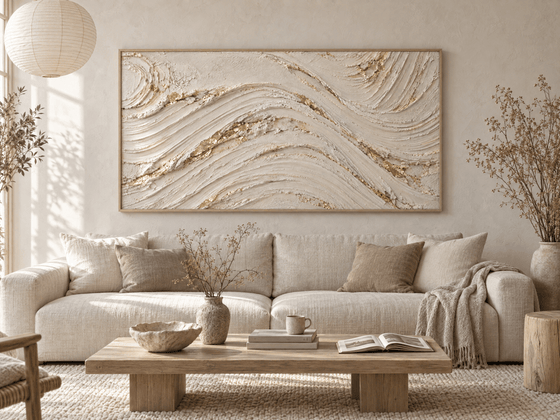 Ivory and Gold Wall Art – Oversized Textured Wave Canvas for Living Room and Bedroom