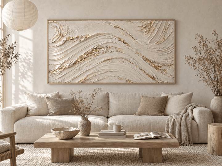 Ivory and Gold Wall Art – Oversized Textured Wave Canvas for Living Room and Bedroom - Sense for Decor