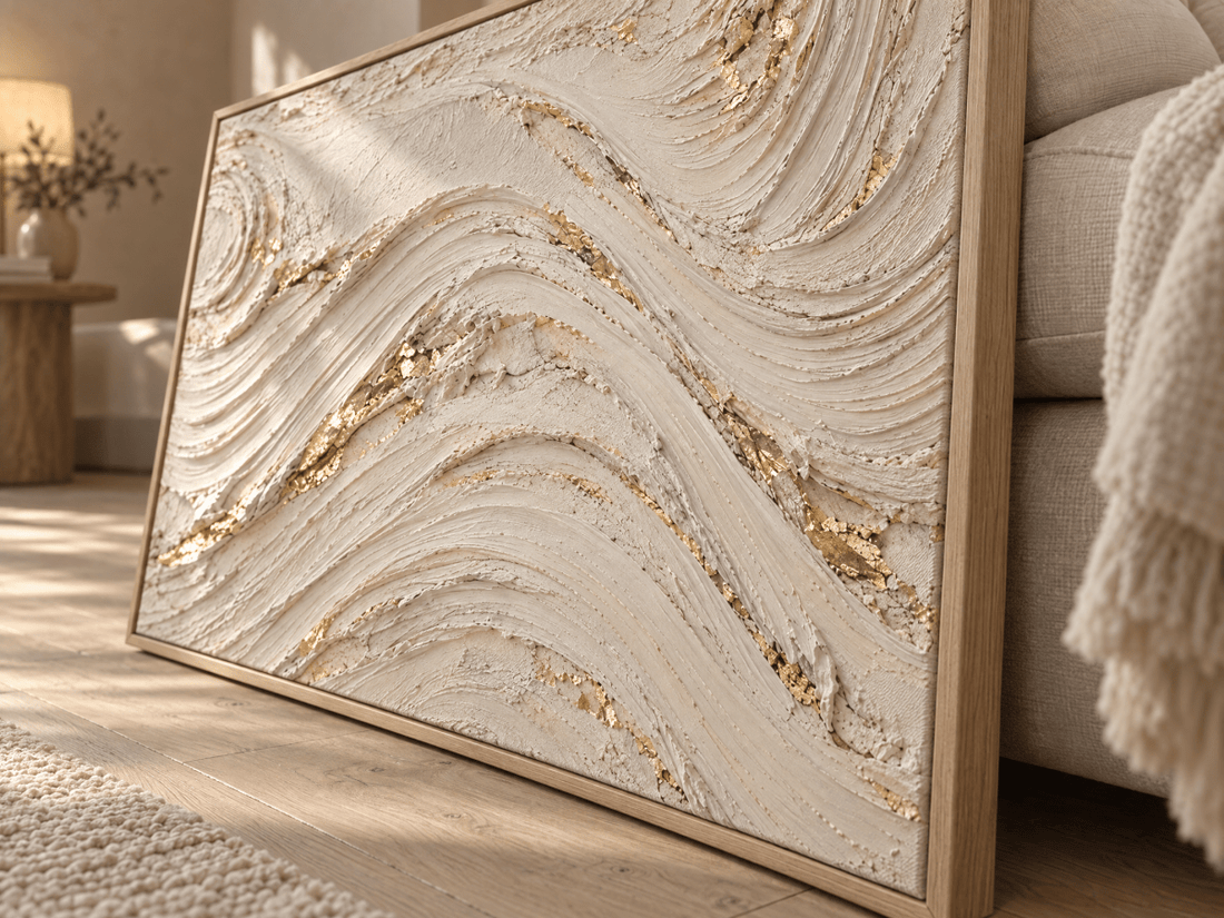 Ivory and Gold Wall Art – Oversized Textured Wave Canvas for Living Room and Bedroom - Sense for Decor