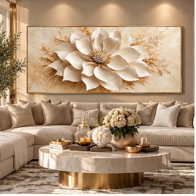 Ivory & Gold Magnolia Bloom Canvas Wall Art – Oversized Panoramic Ivory and Gold Magnolia Floral Canvas for Living Room - Sense for Decor