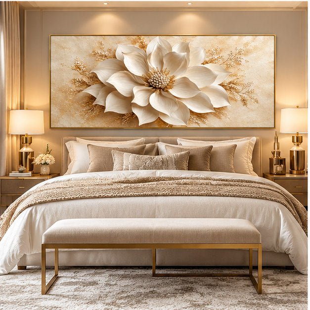 Ivory & Gold Magnolia Bloom Canvas Wall Art – Oversized Panoramic Ivory and Gold Magnolia Floral Canvas for Living Room - Sense for Decor