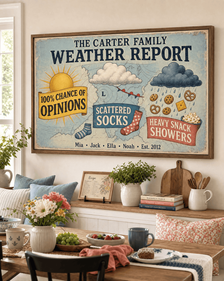 Personalized family weather report canvas with vintage weather map, sun, clouds and snack showers, hung above a kitchen bench