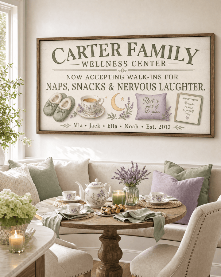 Personalized family wellness center canvas in sage and lavender with slippers, teacup, moon and cushion illustrations, hung above a banquette