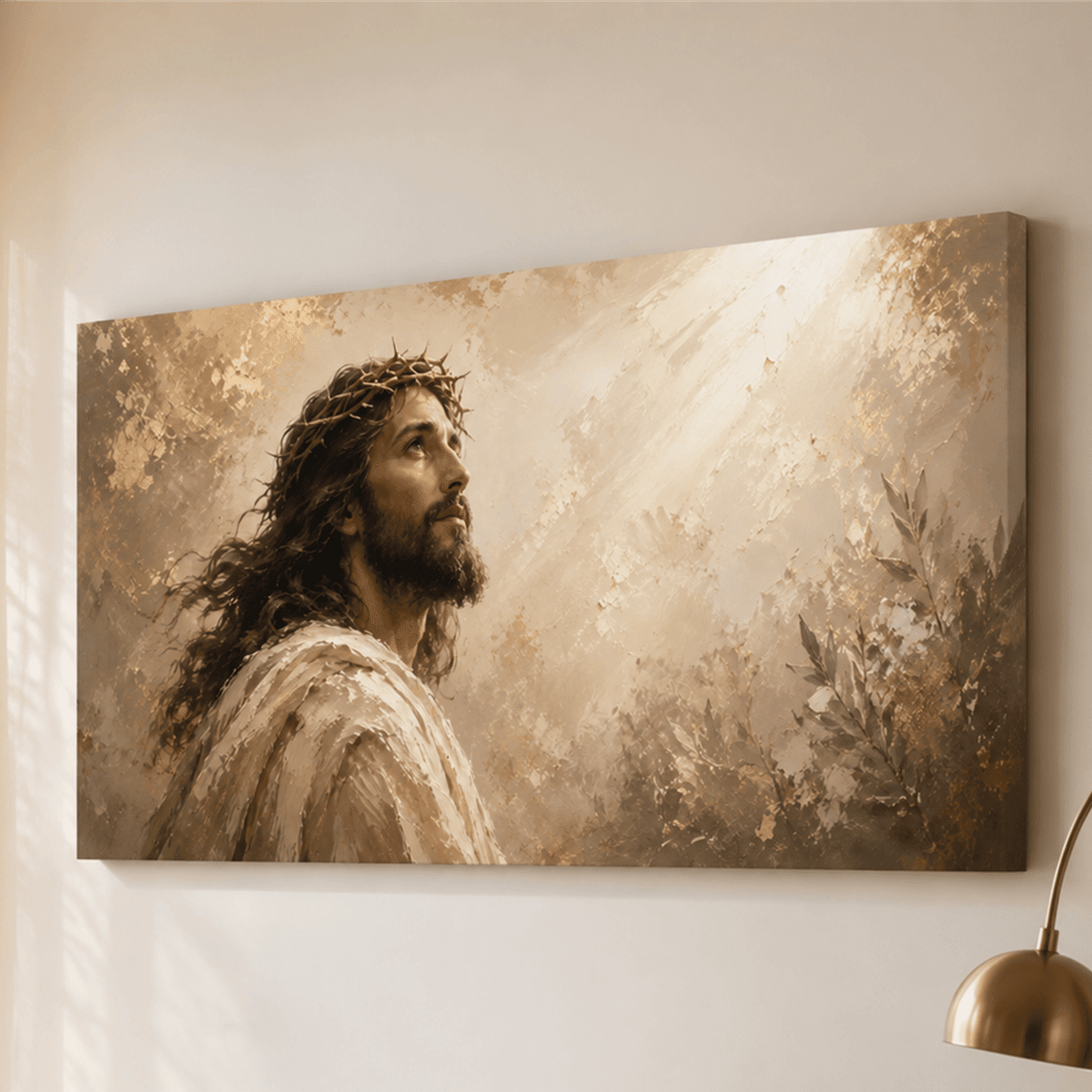 Jesus Christ Wall Art – Crown of Thorns Gold & Cream Textured Christian Canvas for Living Room - Sense for Decor