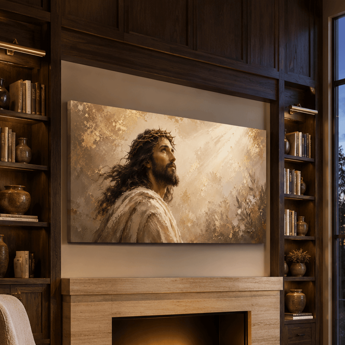 Jesus Christ Wall Art – Crown of Thorns Gold & Cream Textured Christian Canvas for Living Room - Sense for Decor