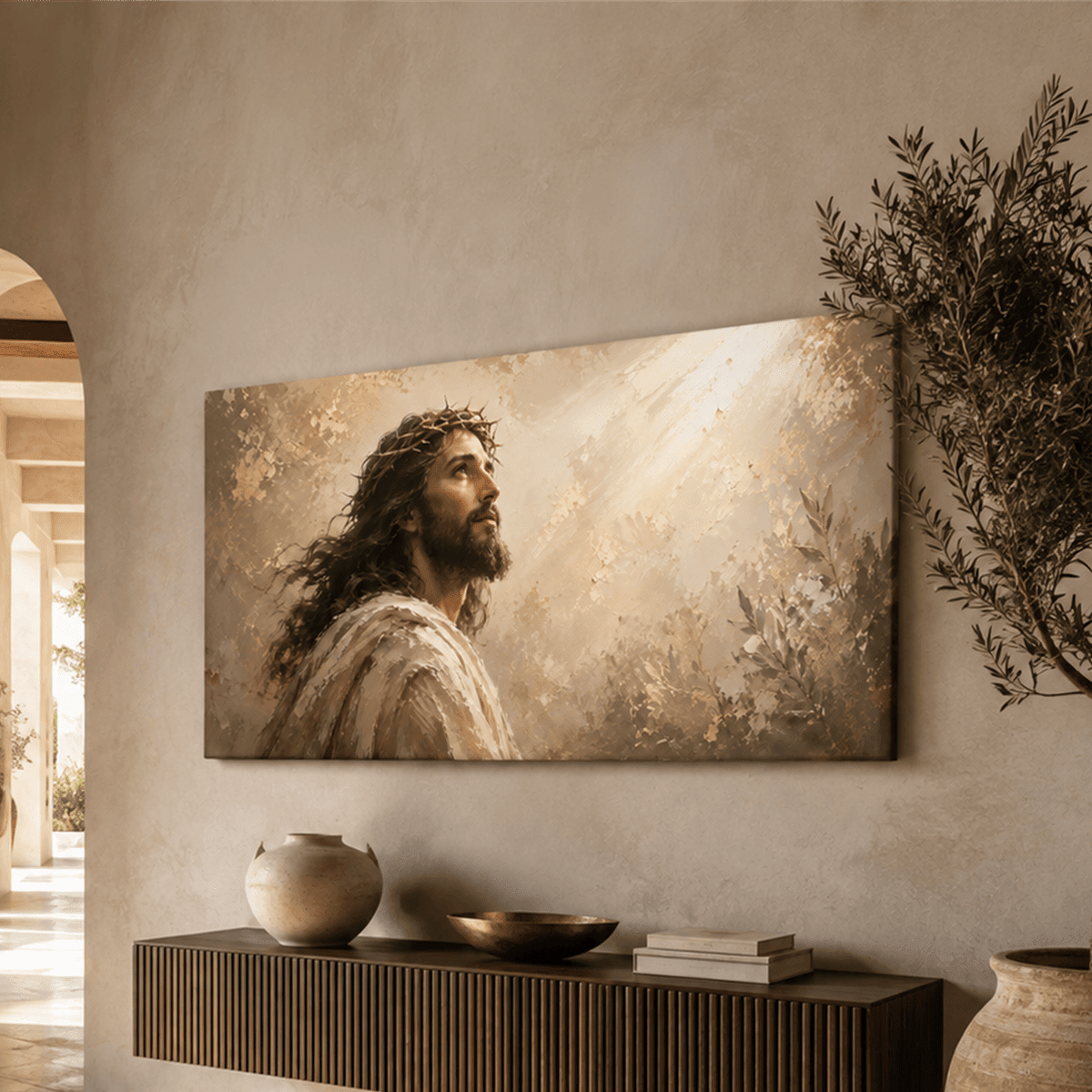 Jesus Christ Wall Art – Crown of Thorns Gold & Cream Textured Christian Canvas for Living Room - Sense for Decor