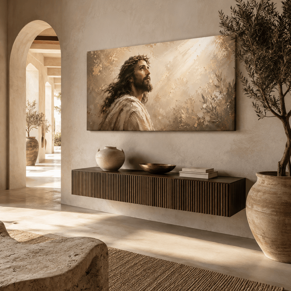 Jesus Christ Wall Art – Crown of Thorns Gold & Cream Textured Christian Canvas for Living Room - Sense for Decor