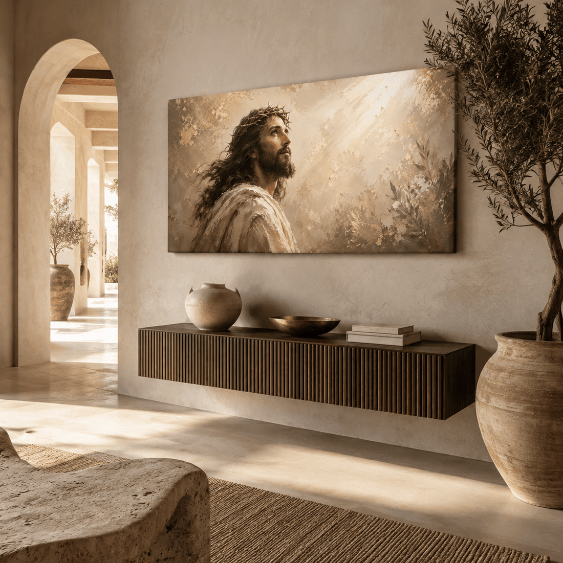 Jesus Christ Wall Art – Crown of Thorns Gold & Cream Textured Christian Canvas for Living Room - Sense for Decor