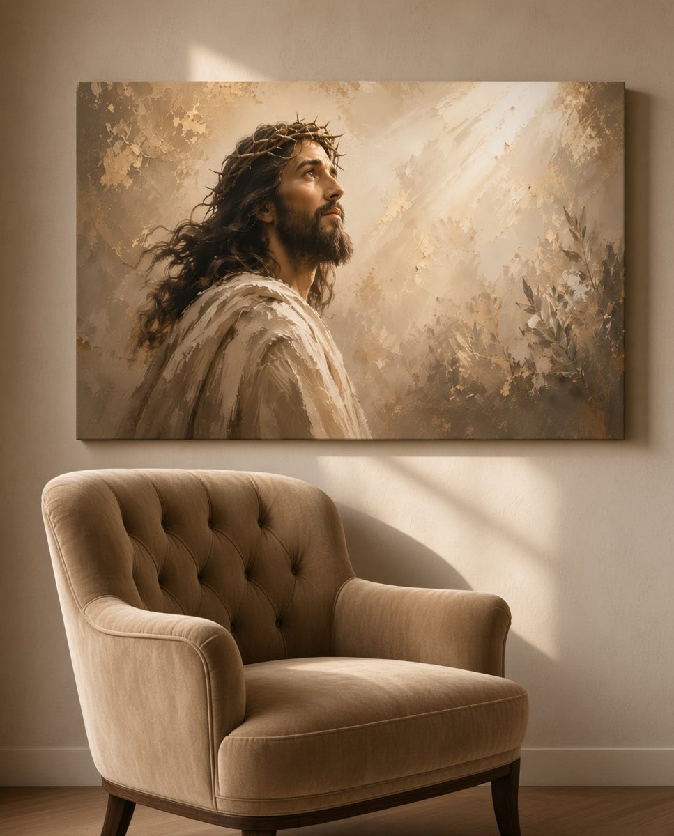 Jesus Christ Wall Art – Crown of Thorns Gold & Cream Textured Christian Canvas for Living Room - Sense for Decor