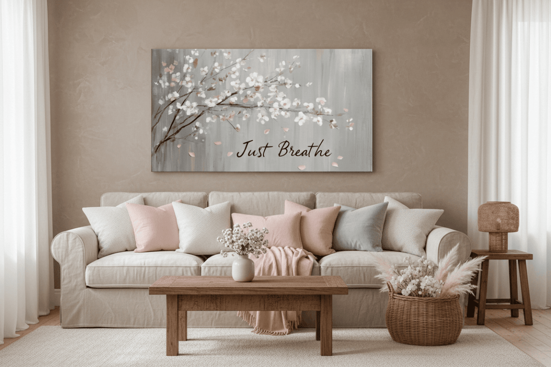Just Breathe Floral V4 Canvas Wall Art – Soft Pink Cherry Blossom Bedroom Decor, Calming Quote Artwork - Sense for Decor