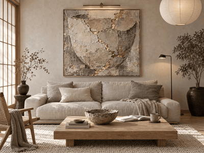 Kintsugi Wall Art – Oversized Grey and Gold Cracked Stone Textured Look Canvas for Living Room - Sense for Decor