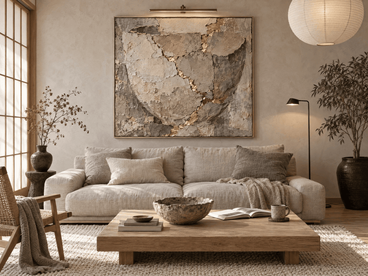 Kintsugi Wall Art – Oversized Grey and Gold Cracked Stone Textured Look Canvas for Living Room - Sense for Decor