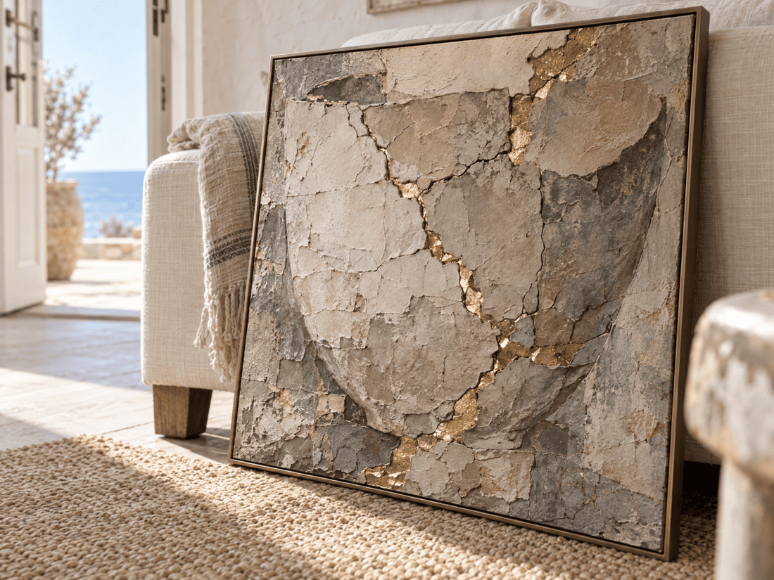 Kintsugi Wall Art – Oversized Grey and Gold Cracked Stone Textured Look Canvas for Living Room - Sense for Decor
