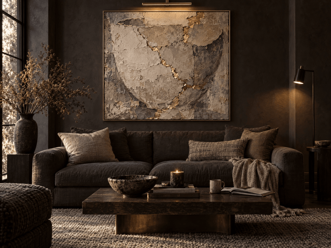 Kintsugi Wall Art – Oversized Grey and Gold Cracked Stone Textured Look Canvas for Living Room - Sense for Decor