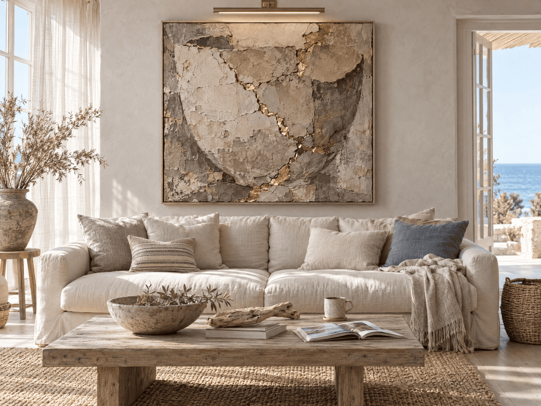 Kintsugi Wall Art – Oversized Grey and Gold Cracked Stone Textured Look Canvas for Living Room - Sense for Decor