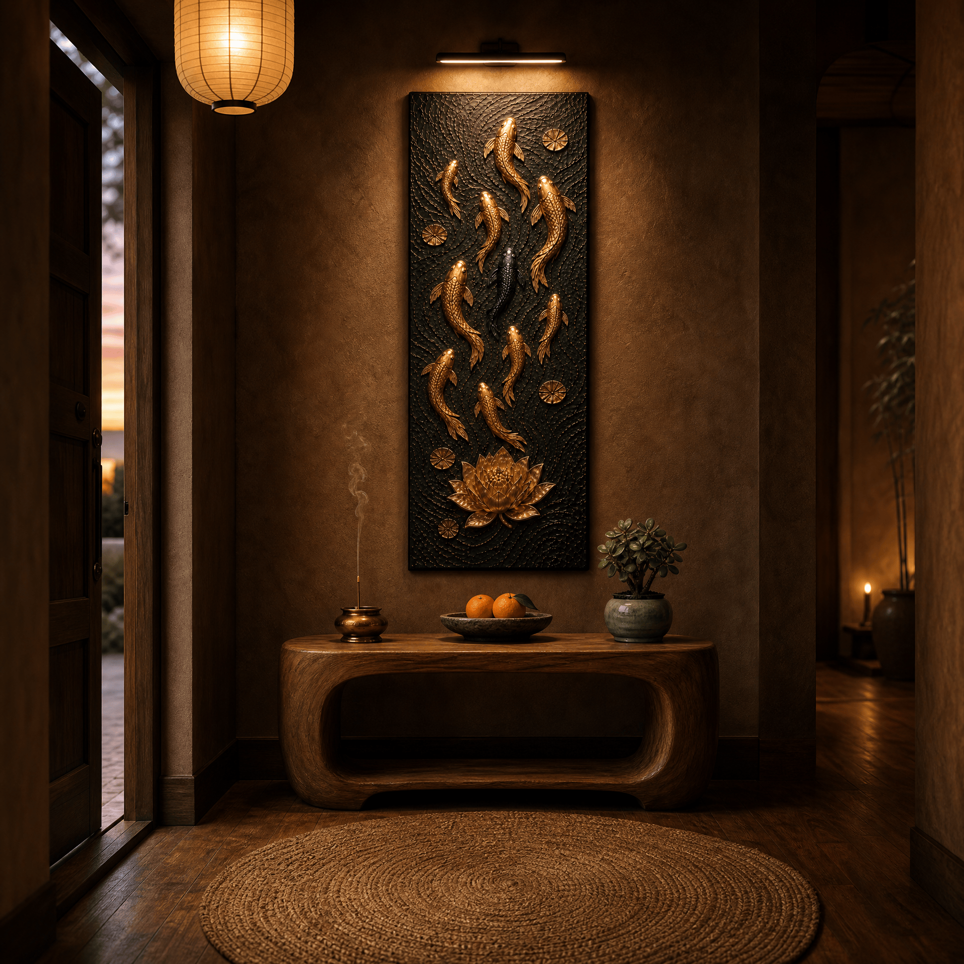 Feng shui koi canvas lighting a narrow entryway wall