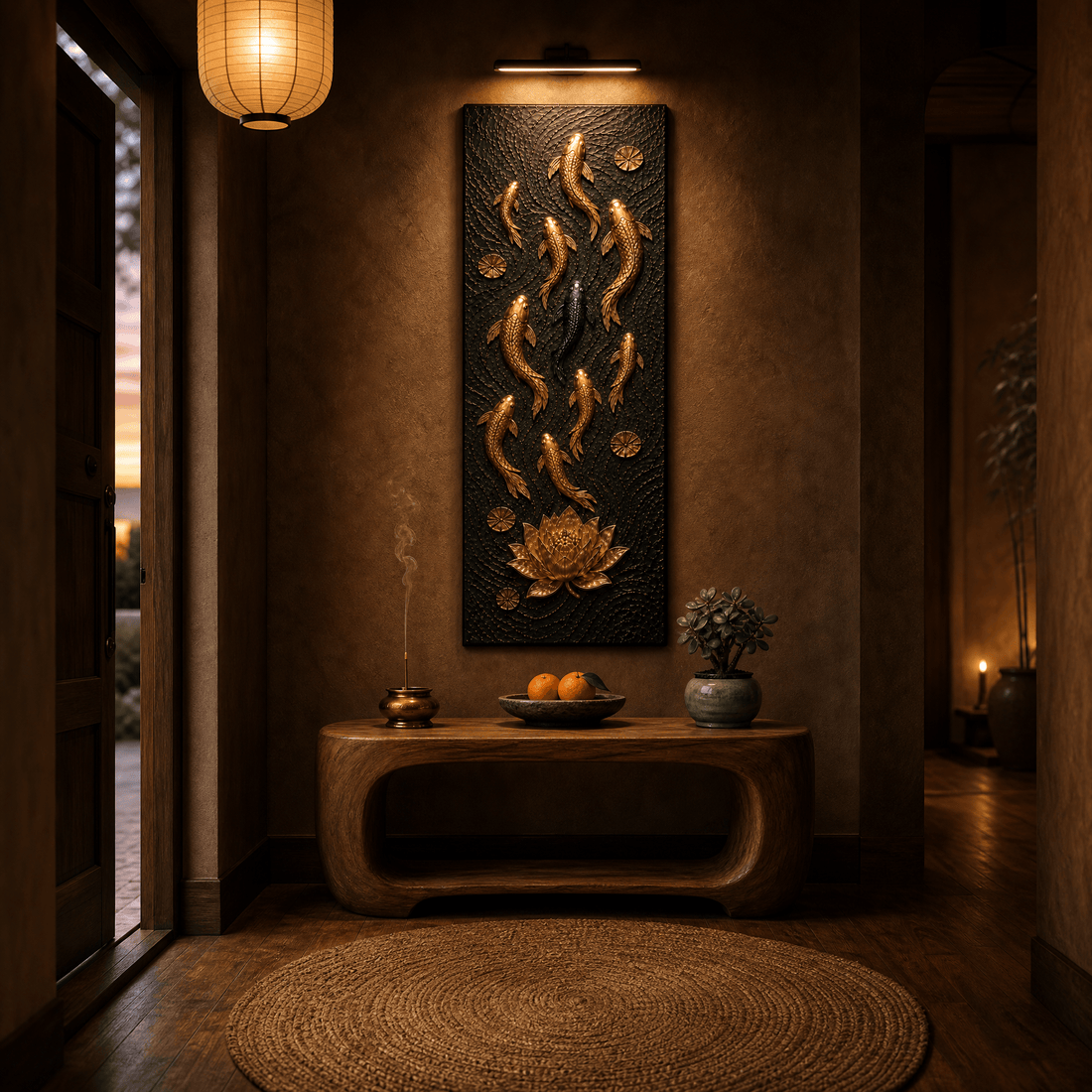 Feng shui koi canvas lighting a narrow entryway wall