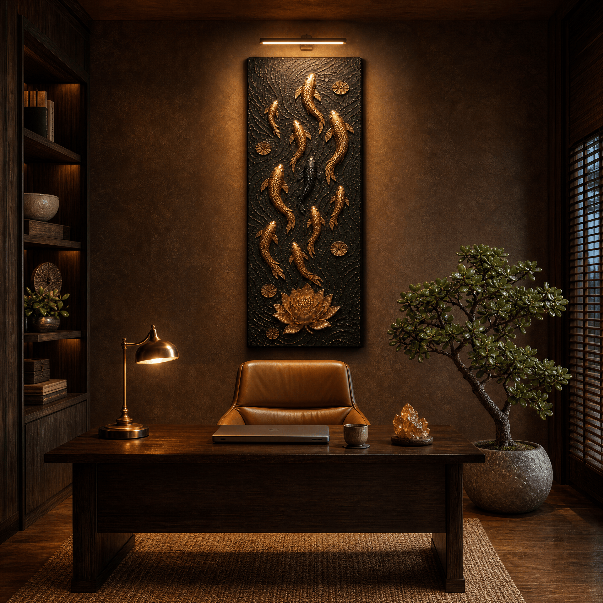 Nine koi gold relief canvas above a wooden desk in a dark home office with a jade plant